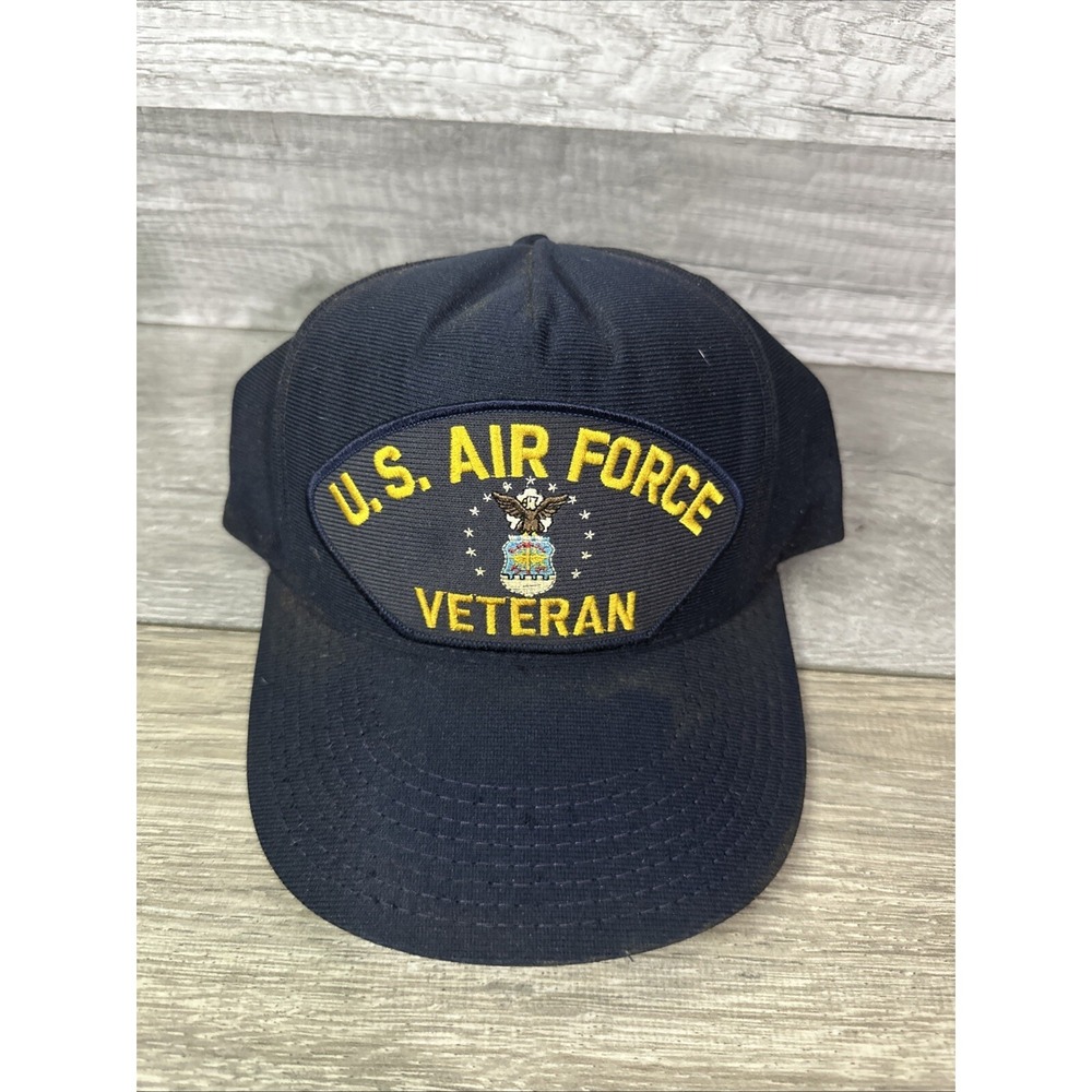 Vintage Eagle Crest US Air Force Veteran Snapback Hat‎ Navy Blue Made in USA Cap